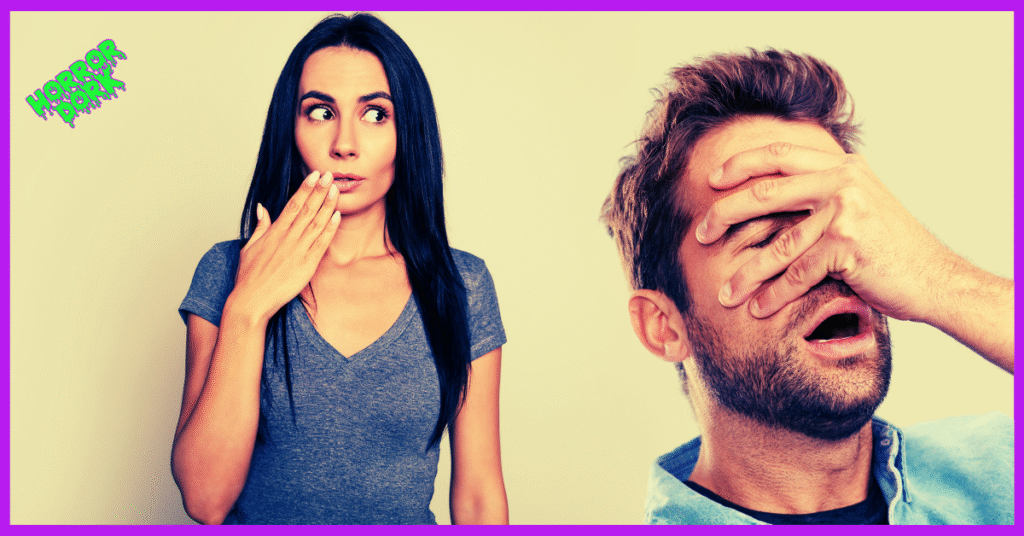 A shocked woman and a frustrated man reacting. Cover image for 4 Mistakes New Horror Fans Make article on Horror Dork.