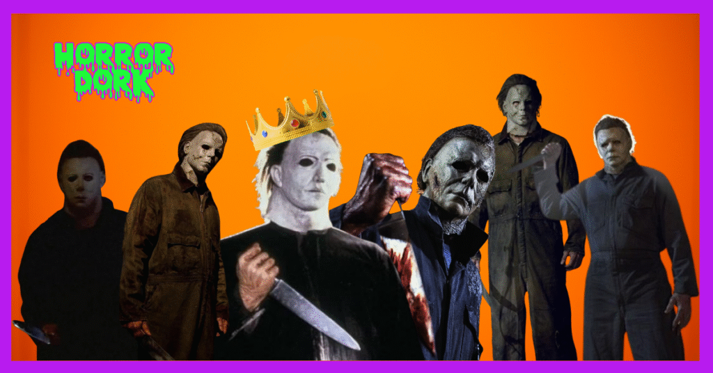 Different versions of Michael Myers from the Halloween franchise, with one wearing a gold crown against an orange Horror Dork background.