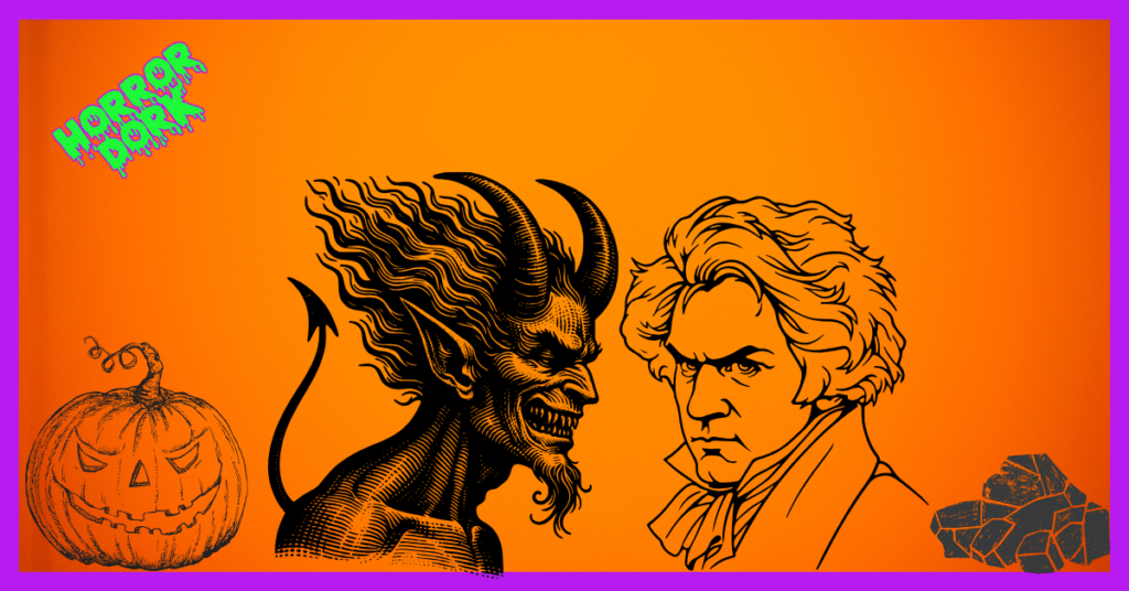 Vintage illustration of a devil, a jack-o’-lantern, and a stern man on an orange background — symbolizing the Smiling Jack legend and Halloween’s jack-o’-lantern origins.”