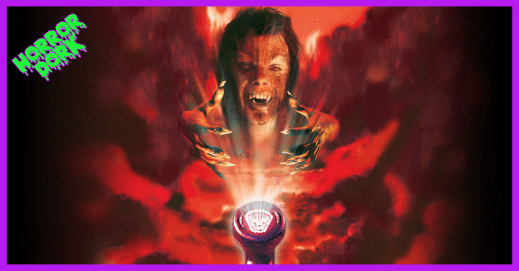 A demonic figure with fanged teeth and clawed hands reaches out of red clouds toward a glowing phone dial, evoking 1980s horror energy.