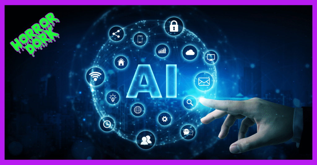 A glowing digital sphere labeled “AI” surrounded by futuristic tech icons, with a human hand reaching toward it, framed by a purple Horror Dork border.