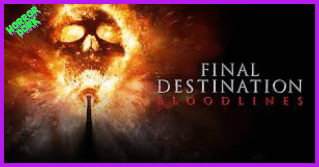 A fiery skull explodes in the sky above a highway, representing the chaos of Final Destination: Bloodlines (2024).