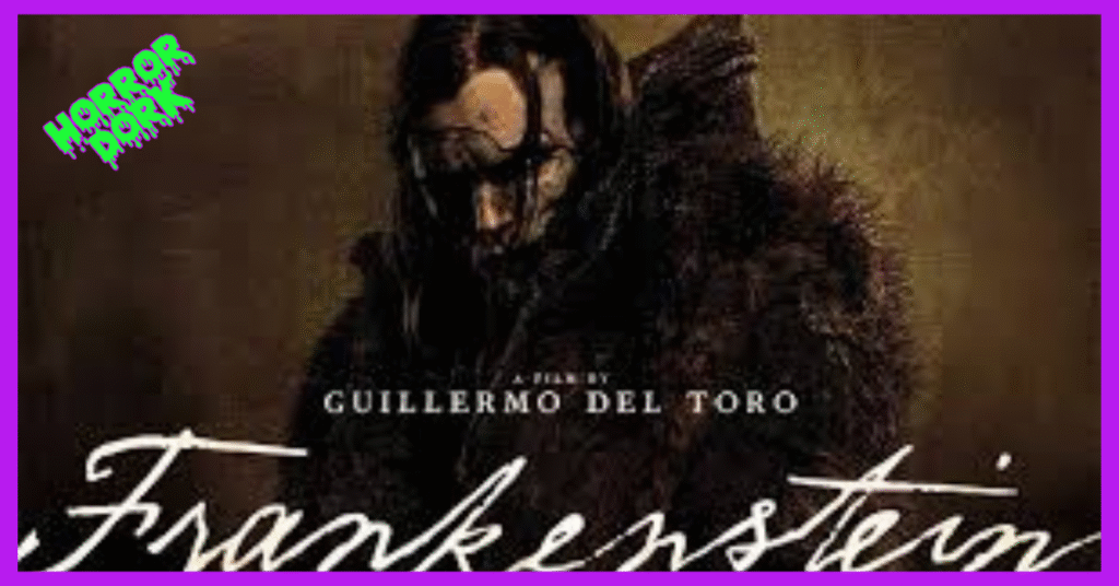 Frankenstein monster in shadow wearing a fur coat from Guillermo del Toro’s Netflix film, moody gothic tone.