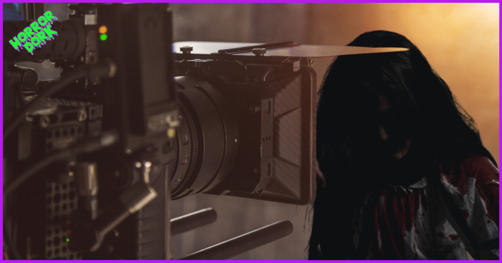 A film camera focuses on a shadowy, ghost like figure in dim light, representing the horror cinematographers every fan should know and their mastery of light and darkness.