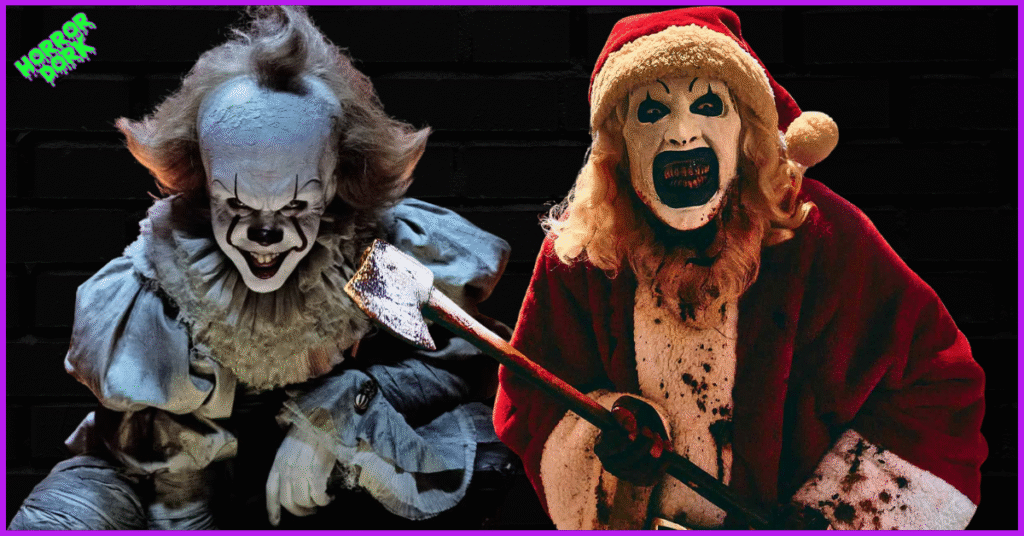 Pennywise from IT crouches and grins beside Art the Clown dressed as a blood-stained Santa, both representing modern horror icons.