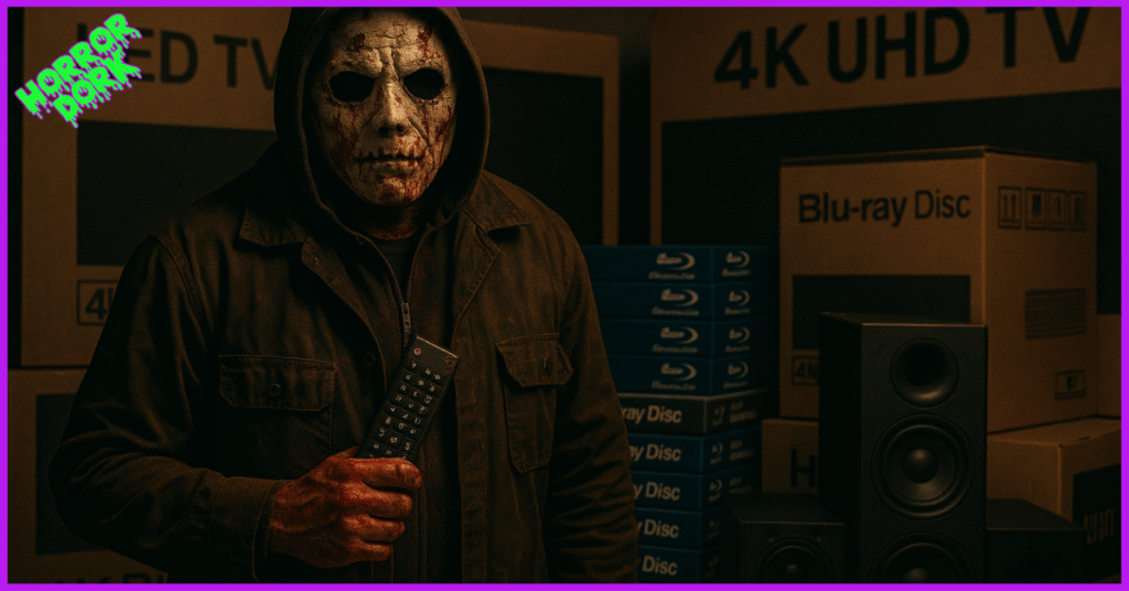 A masked slasher clutching a blood stained remote stands in a dimly lit storeroom surrounded by 4K UHD TV and Blu-ray Disc boxes, symbolizing the Holiday Slasher from Horror Dork’s Black Friday survival guide.