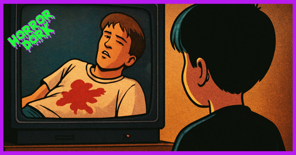 A retro style illustration of a child watching a CRT television showing a parody of Billy’s fakedeath scene from Scream, with a large red corn syrup stain on the character’s shirt and a Horror Dork logo in the corner.