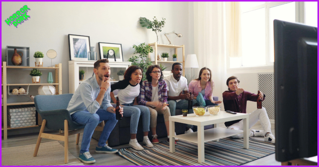 A group of friends sit together on a couch watching TV, reacting with excitement and surprise, popcorn and drinks on the table in front of them.
